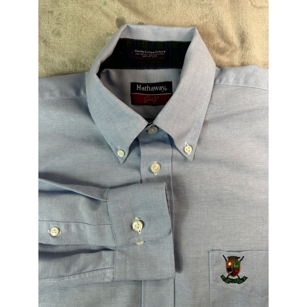 Hathaway‎ Golf Shirt Mens 15.5 32/33 Blue Oxford Button Down Crest